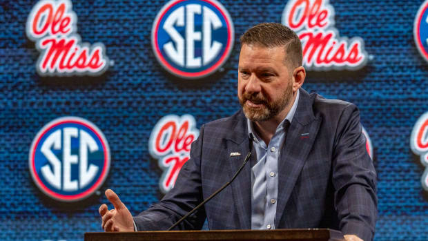 Oct 18, 2023; Brimingham, AL, USA; Mississippi Rebels head coach Chris Beard talks with the media during the SEC Basketball Tipoff at Grand Bohemian Hotel Mountain Brook. Mandatory Credit: Vasha Hunt-USA TODAY Sports